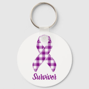 Pancreatic Cancer Survivor Plaid Purple Ribbon Keychain