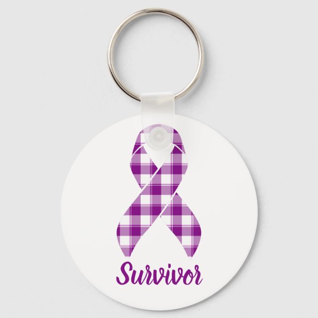 Pancreatic Cancer Survivor Plaid Purple Ribbon Keychain (Front)