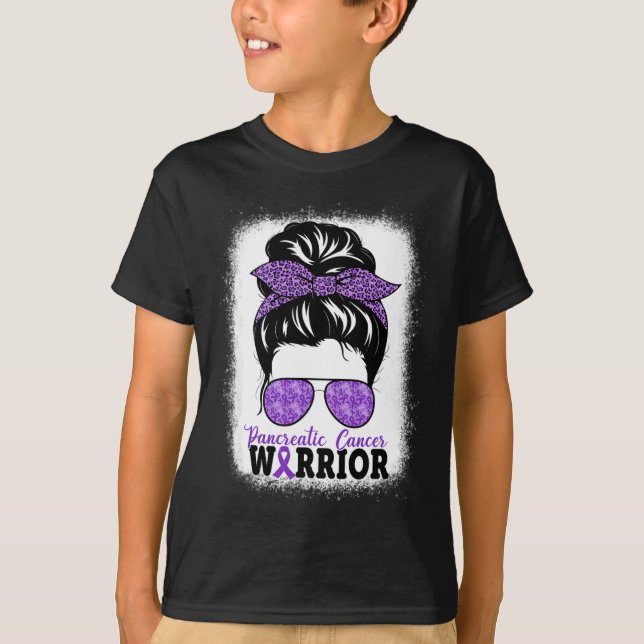 Pancreatic Cancer Warrior Messy Bun Hair Leopard  T-Shirt (Front)