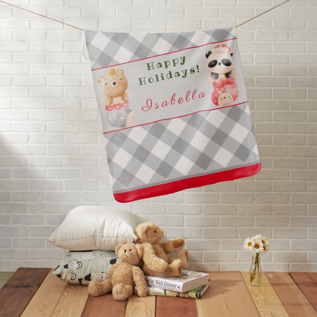 Panda and Bear Customize Text and Name Baby Blanket (In Situ)