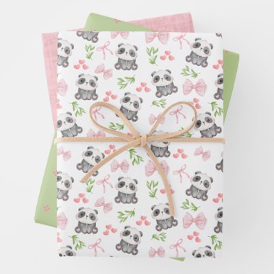 Panda and Bows Wrapping Paper Flat Sheet Set of 3