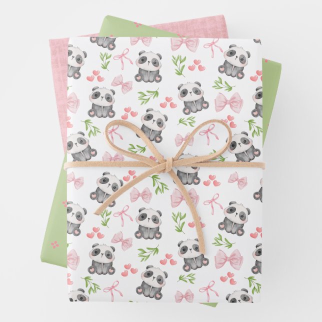 Panda and Bows Wrapping Paper Flat Sheet Set of 3 (In situ)