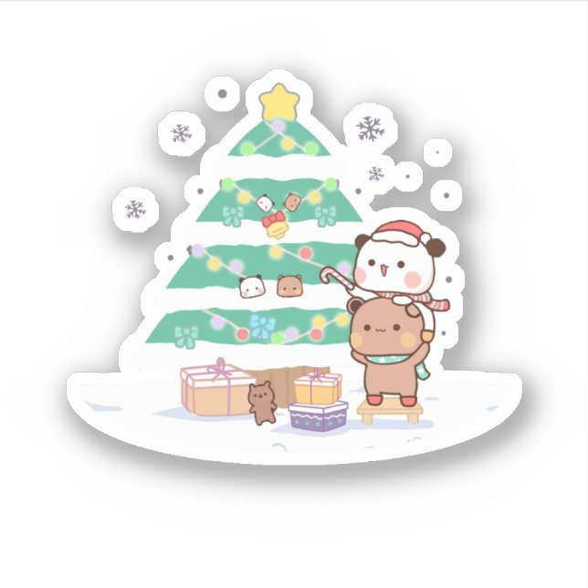 Panda And Brownie Bear Couple, Merry Christmas Sticker (Front)