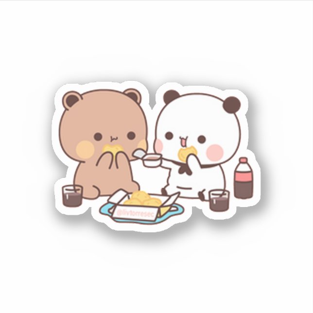 Panda And Brownie Bear Enjoying Lunch Sticker (Front)