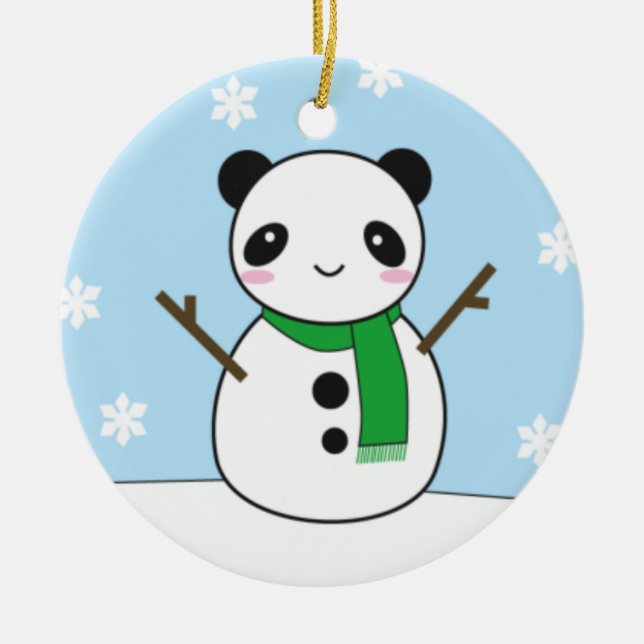 Panda and Bunny Snowmen Ceramic Ornament (Front)