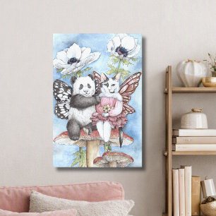 Panda and Cat Fairy Friends with Anemone Flowers Canvas Print