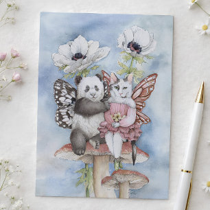 Panda and Cat Fairy Friends with Anemone Flowers Postcard