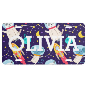 Panda And Mouse Astronaut Kids Pattern License Plate