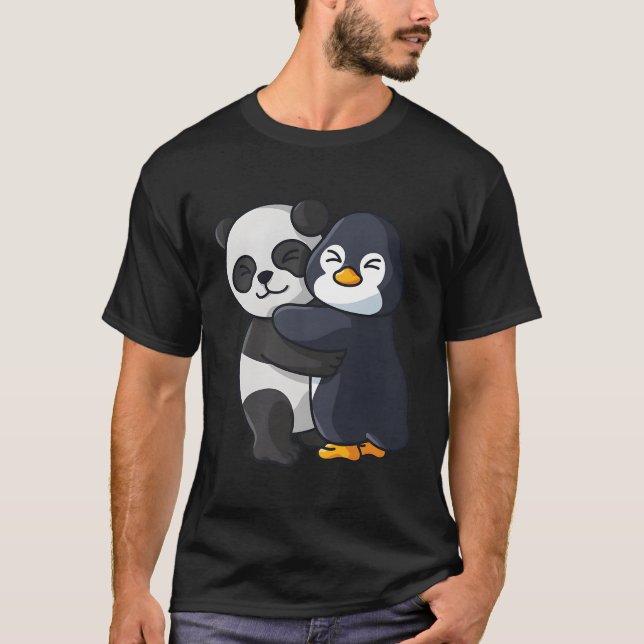 Panda And Penguin Animal Hugging T-Shirt (Front)
