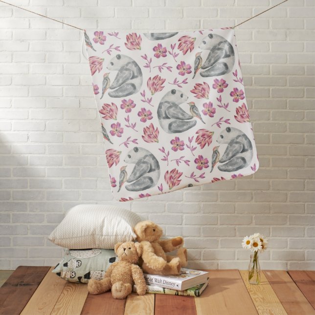 Panda and Pink Flower Baby Blanket (In Situ)