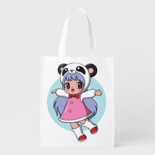 Panda Angel: Adorable Anime Girl Soaring High Grocery Bag