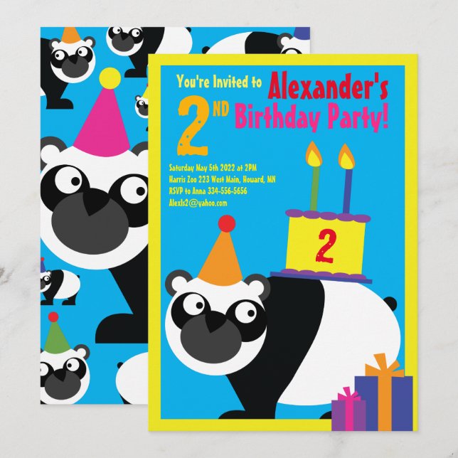 Panda Animal Kid's Birthday Party Invitations (Front/Back)