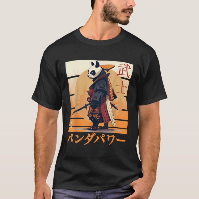 Panda Anime Samurai Ninja And Japanese Writing T-Shirt (Front)