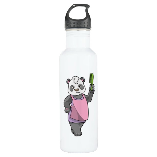 Panda as Hairdresser with Comb Stainless Steel Water Bottle (Front)