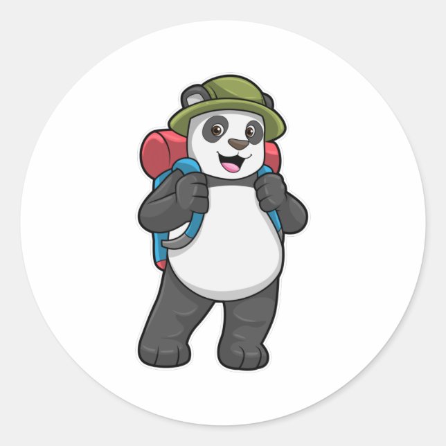 Panda as Hiker with Backpack Classic Round Sticker (Front)