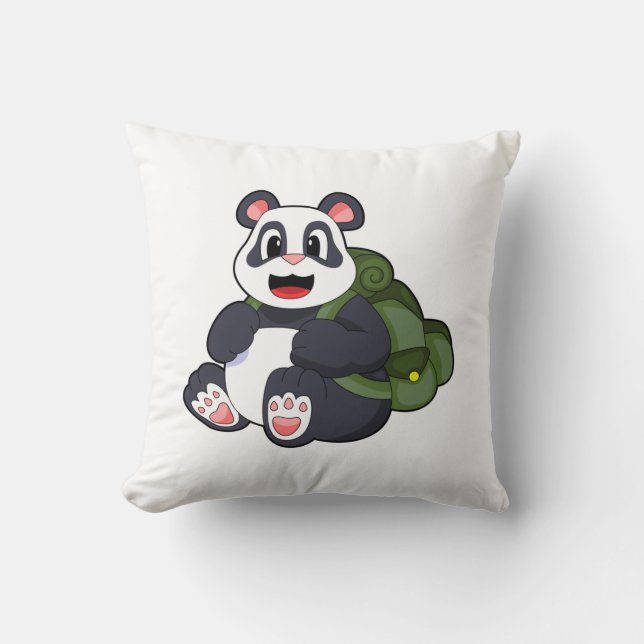 Panda as Hiker with Backpack Throw Pillow (Front)