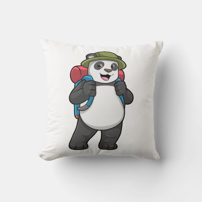 Panda as Hiker with Backpack Throw Pillow (Front)