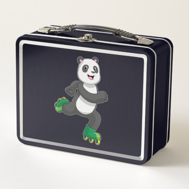 Panda as Inline skater with Roller skates Metal Lunch Box (Front)