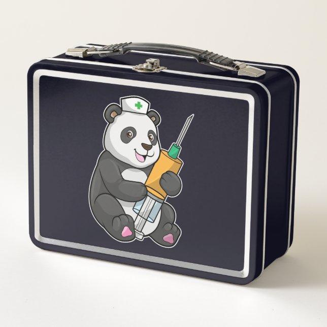 Panda as Nurse with Syringe Metal Lunch Box (Front)