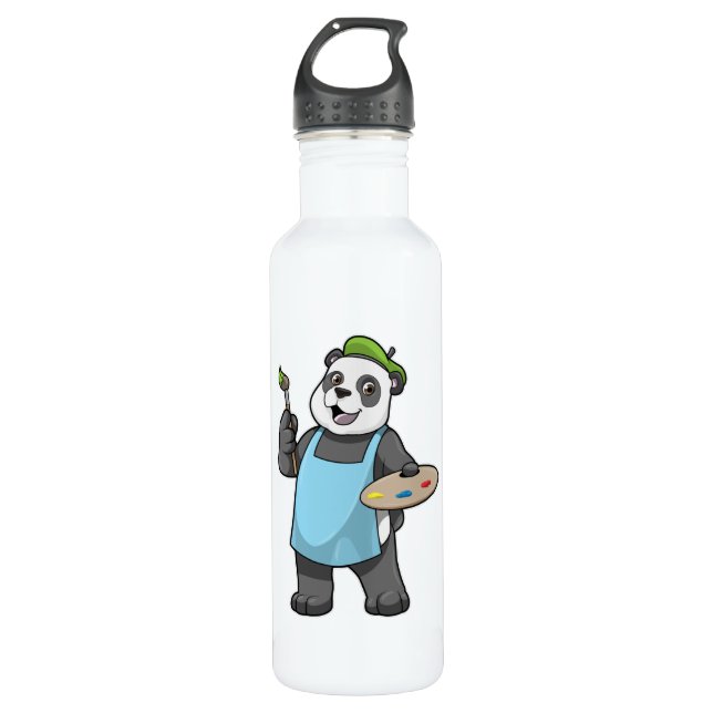 Panda as Painter with Brush & Colour Stainless Steel Water Bottle (Front)