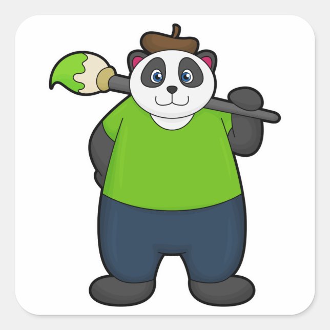 Panda as Painter with Paintbrush Square Sticker (Front)