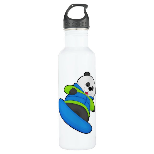 Panda as Snowboarder with Snowboard Stainless Steel Water Bottle (Front)