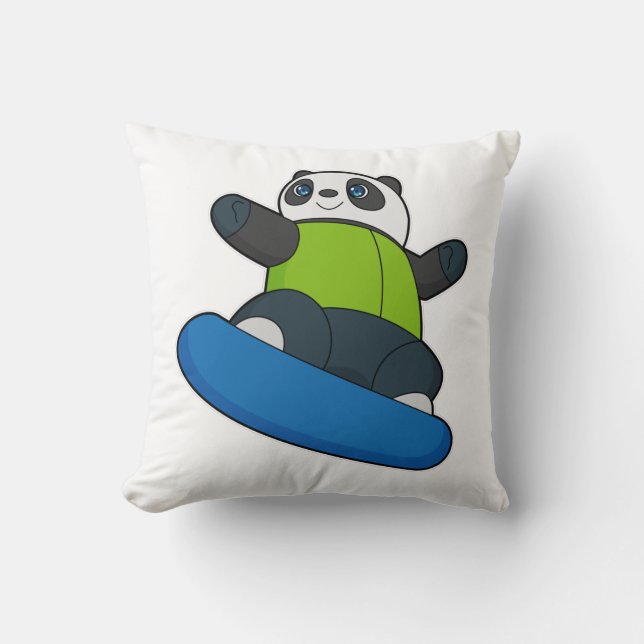 Panda as Snowboarder with Snowboard Throw Pillow (Front)