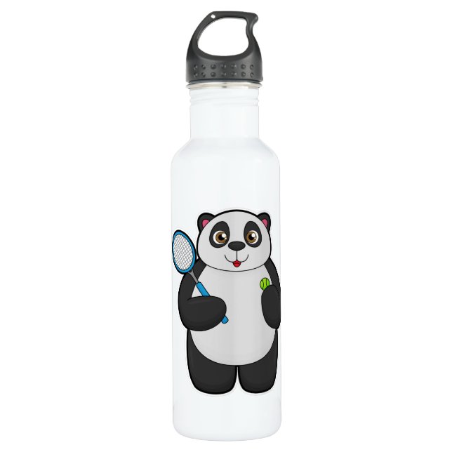 Panda as Tennis player with Tennis racket Stainless Steel Water Bottle (Front)