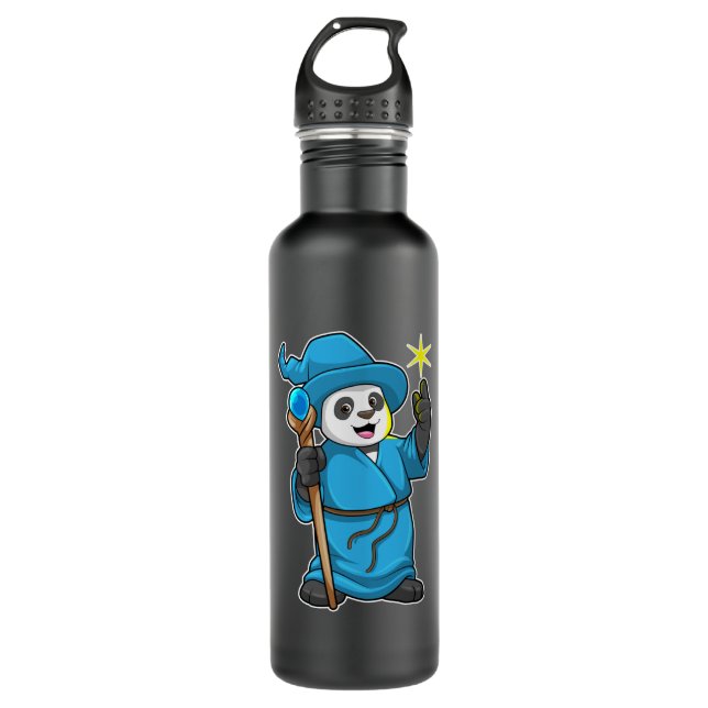 Panda as Wizard with Magic wand Stainless Steel Water Bottle (Front)