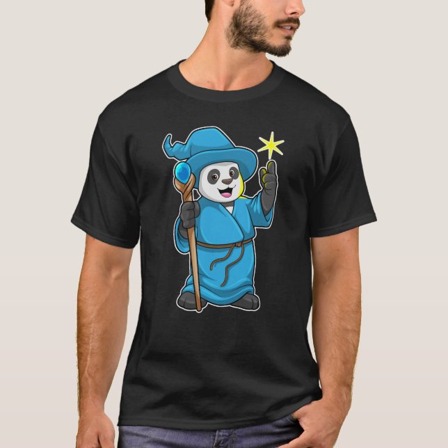 Panda as Wizard with Magic wand T-Shirt (Front)