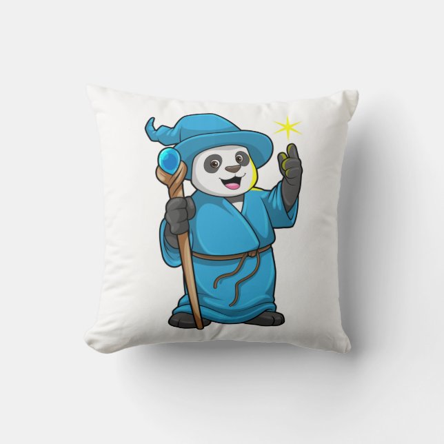 Panda as Wizard with Magic wand Throw Pillow (Front)