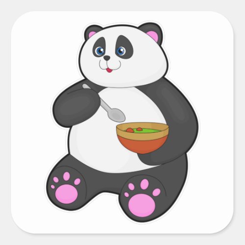 Panda at Eating with Spoon  Bowl Square Sticker