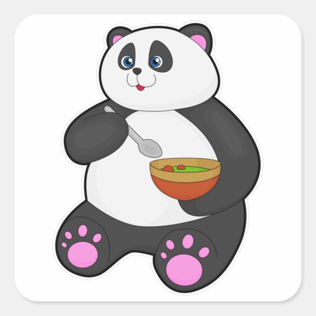 Panda at Eating with Spoon & Bowl Square Sticker (Front)