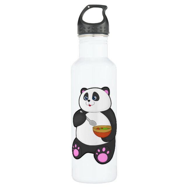 Panda at Eating with Spoon & Bowl Stainless Steel Water Bottle (Front)