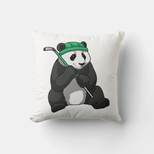 Panda at Ice hockey with Ice hockey stick Throw Pillow (Front)