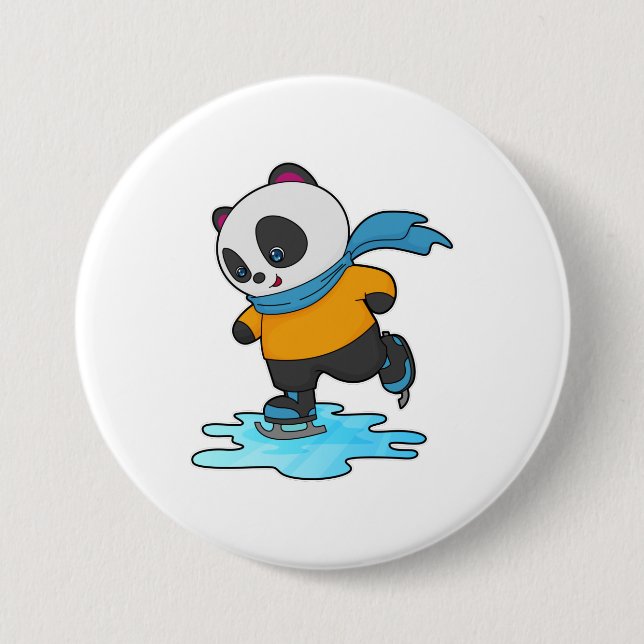 Panda at Ice skating with Ice skates & Scarf Button (Front)