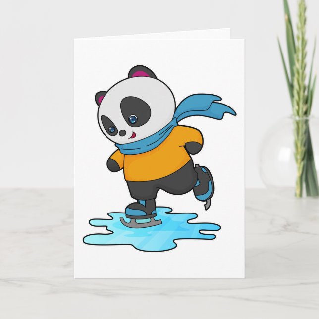Panda at Ice skating with Ice skates & Scarf Card (Front)