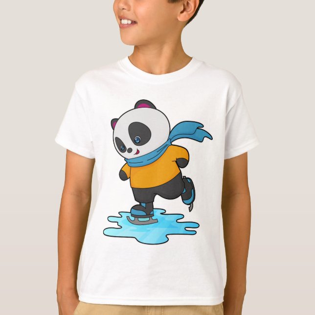 Panda at Ice skating with Ice skates & Scarf T-Shirt (Front)