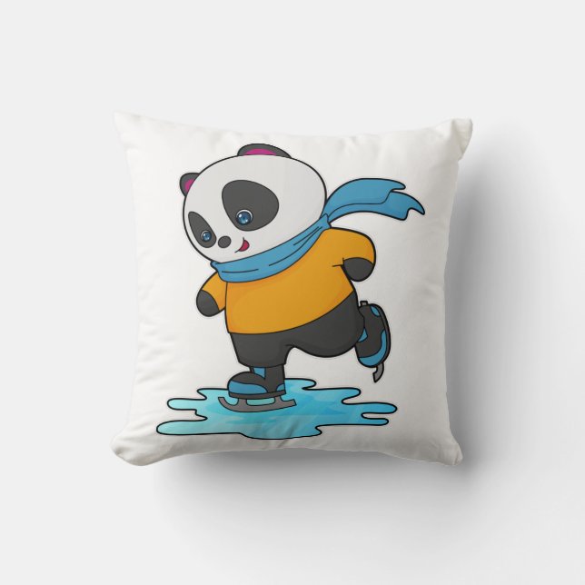 Panda at Ice skating with Ice skates & Scarf Throw Pillow (Front)