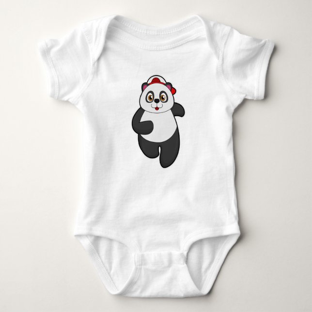 Panda at Running with Cap Baby Bodysuit (Front)