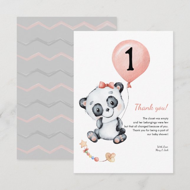 Panda baby Girl 1st Birthday Party Thank You Card (Front/Back)