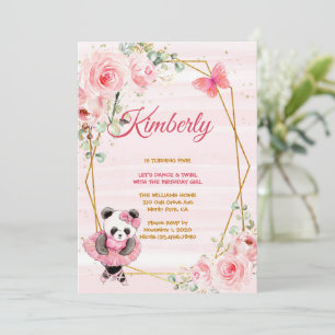 Panda Ballerina Tutu Girl Five Birthday Invitation