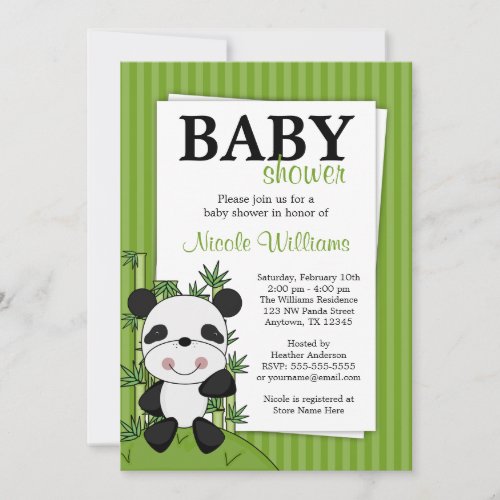 Panda Bamboo Green Stripes Baby Shower Invitation