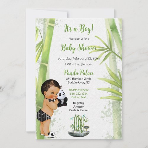 Panda Bamboo Theme Baby Boy Black White Green Invitation