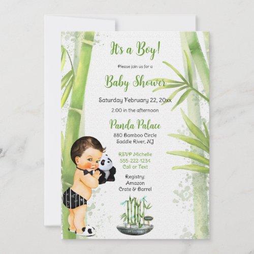 Panda Bamboo Theme Baby Boy Black White Green Invitation