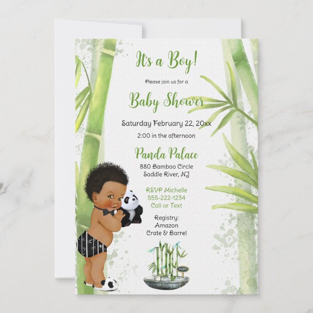 Panda Bamboo Theme Baby Boy Black White Green Invitation (Front)