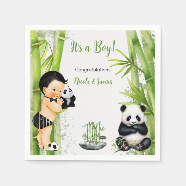 Panda Bamboo Theme Baby Boy Black White Green Napkins (Front)