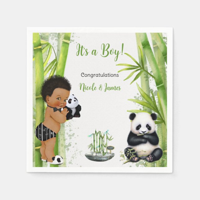 Panda Bamboo Theme Baby Boy Black White Green Napkins (Front)