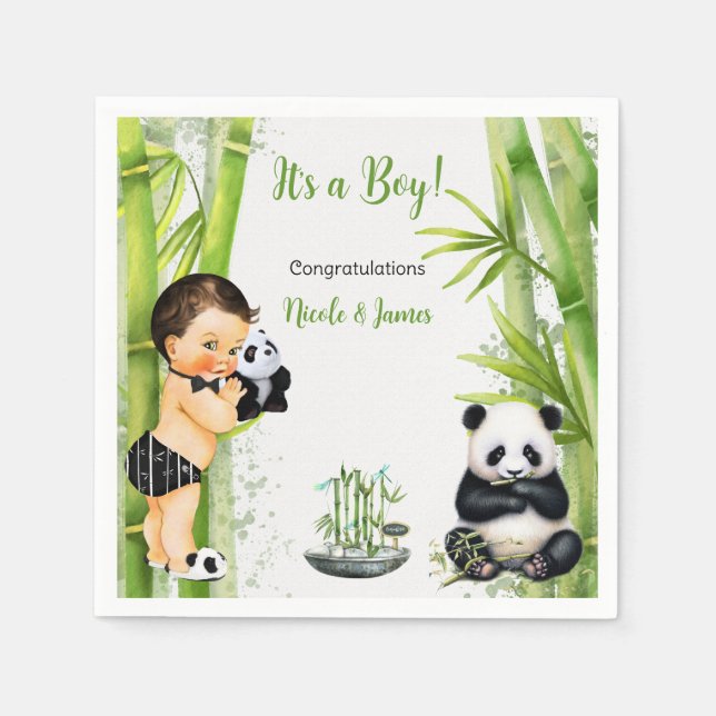 Panda Bamboo Theme Baby Boy Black White Green Napkins (Front)