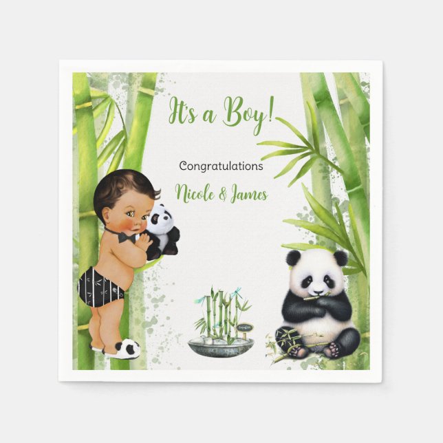 Panda Bamboo Theme Baby Boy Black White Green Napkins (Front)